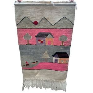 Vintage Wool Rug Tapestry Wall Hanging 50”x28” Lakeside Villa Pink Gray Handmade